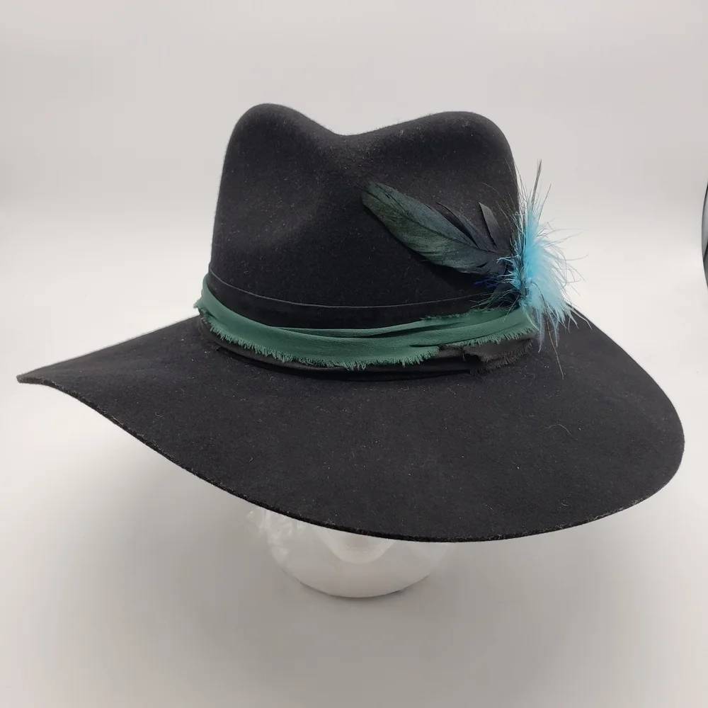 Lack Of Color Med 57cm Black Wool Hat Blue Feather green black band embroidered